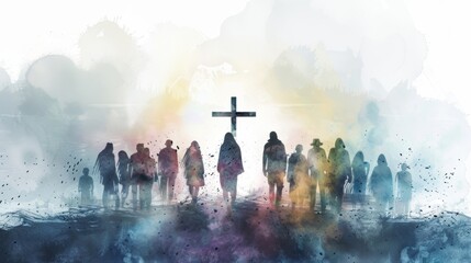 Ethereal Watercolor Illustration: Jesus Crucified Surrounded by Grieving Figures in Misty Landscape, Minimalist Depiction on White Background with Muted Colors