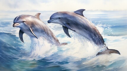 A pair of friendly dolphins leaping gracefully out of the water, their sleek bodies gleaming in the sunlight as they perform an elegant ballet