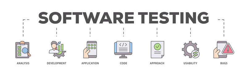 Software testing icons process flow web banner illustration of bugs, code, usability, approach, application, development, analysis icon live stroke and easy to edit 