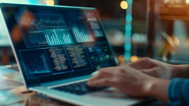 Hands type on laptop displaying colorful data charts and world map. Represents leveraging big data and analytics to uncover trends, optimize operations and drive growth. 