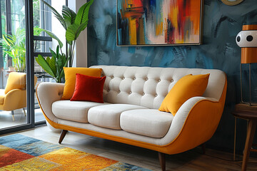 A stylish sofa room with mid-century modern furniture and abstract artwork on the walls.