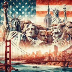 A montage of iconic American landmarks, such as the Statue of Liberty, Mount Rushmore, and the Golden Gate Bridge, composed with flag of USA, grunge looks
 - obrazy, fototapety, plakaty