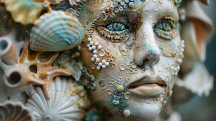 A series of ceramic masks adorned with seashells beads and other mixed media elements evoking the idea of a mythical sea creature come to life..