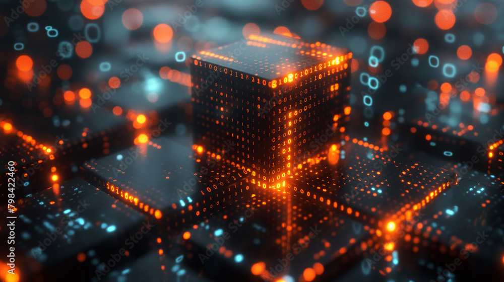 Poster futuristic technology wallpaper with glowing binary lines on black cube