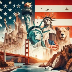 A montage of iconic American landmarks, such as the Statue of Liberty, Mount Rushmore, and the Golden Gate Bridge, composed with flag of USA, grunge looks
