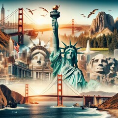 A montage of iconic American landmarks, such as the Statue of Liberty, Mount Rushmore, and the Golden Gate Bridge, composed with flag of USA, grunge looks
