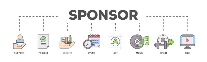 Sponsor icons process flow web banner illustration of film, sport, event, music, art, benefit,...