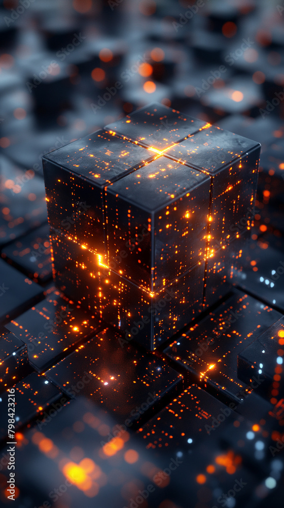Aufkleber futuristic technology wallpaper with glowing binary lines on black cube