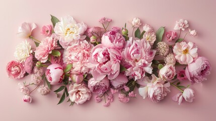 Obraz na płótnie Canvas Capture the essence of Mother s Day with a delightful top view photograph showcasing a beautiful arrangement of fresh pink peonies and roses set against a soft pastel pink backdrop leaving 