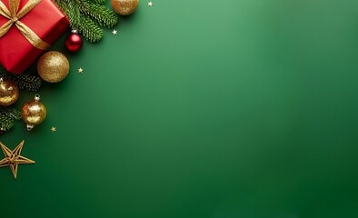 Naklejka premium Beautiful green Christmas background adorned with a border of fir branches, golden Christmas ornaments, stars, and gifts. New Year's decorations. Made with Generative AI Technology