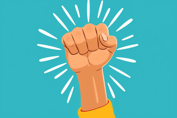 A raised fist surrounded by radiating lines against a blue background, illustration, unity, strength, empowerment, power