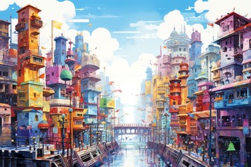 Obraz premium Capture a bustling cityscape from a high-angle view in vibrant watercolor, blending fantasy and reality Enhance the animation with a pixel art style for a nostalgic touch