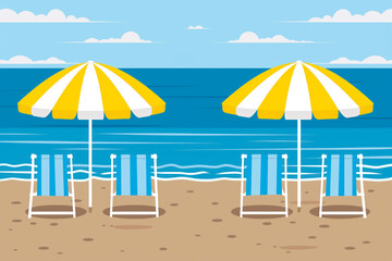Beach chairs and umbrellas on the beach, illustration