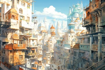 Obraz premium Capture a bustling cityscape from a high-angle view in vibrant watercolor, blending fantasy and reality Enhance the animation with a pixel art style for a nostalgic touch
