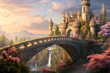Capture a digital rendering of an ancient, romantic bridge entwined with blooming flowers against a backdrop of a majestic castle perched high on a hill Utilize pixel art techniques to convey intricat