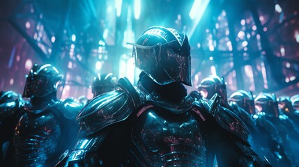 Capture a mesmerizing holographic reenactment of a medieval battle with a cyberpunk twist, using CG 3D rendering Show knights clashing in stunning detail against a futuristic backdrop