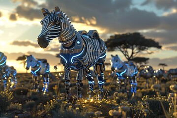 Naklejka premium Capture a futuristic scene of robotic zebras roaming a high-tech savanna in CG 3D rendering Show intricate details of metallic fur and glowing circuits