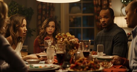 A tense dinner table scene with a family visibly upset, no dialogue