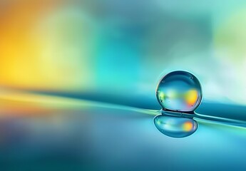 Beautiful macro photograph captures a clean water drop on a smooth surface, showcasing vibrant blue and yellow hues, and celebrating the beauty of nature. Made with Generative AI Technology.