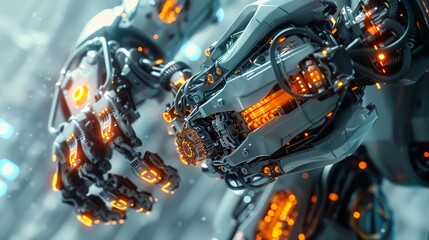 CG 3D rendering of a futuristic Robot Exoskeleton, showcasing intricate metallic details and glowing power sources from an aerial viewpoint