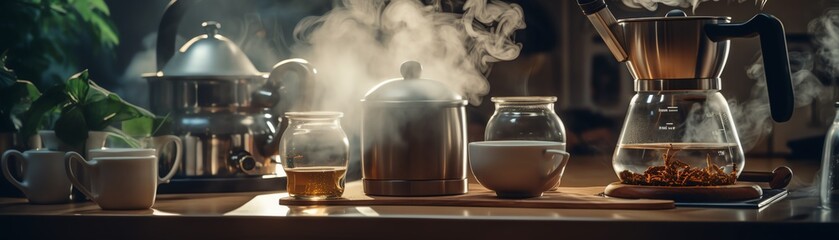 Coffee brewing in a cozy cafe, steam rising, close focus