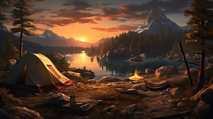 Craft a visually striking panoramic view of a wilderness camping site, blending elements of modern novels and surrealism in a digital rendering that transforms the scene into a unique, thought-provoki - obrazy, fototapety, plakaty