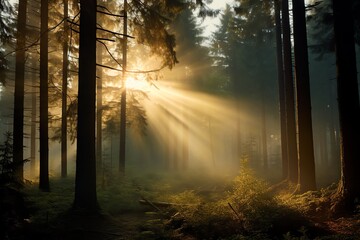 Dawn over a misty forest, sunlight filtering through trees, wide shot