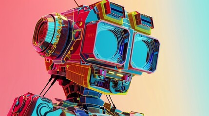 Develop a unique 3D robot sculpture in a pixel art style, depicted at eye-level to emphasize its retro-futuristic charm Play with vibrant colors and sharp edges to create a visually engaging piece