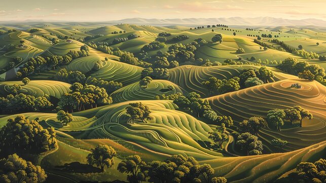 Craft a traditional oil painting depicting an ethereal aerial perspective of a serene countryside altered by the advent of cryptocurrency Envision rolling hills dotted with clay sculptures of mining r