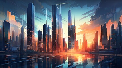 Fuse the essence of urban exploration with futuristic elements through vector art Focus on a birds-eye view of a cityscape with striking lighting techniques, showcasing a blend of modernity and innova