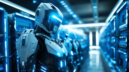 Fototapeta premium Highfrequency trading robot in server room, blue LED lights, wide angle