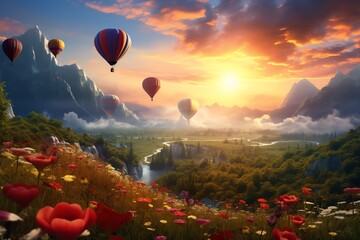 Hot air balloons over a flowerfilled valley, sunrise, wide angle