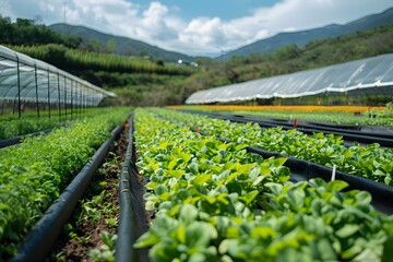 rows of young plants thriving in a sustainable greenhouse setup with a drip irrigation system, set against the backdrop of a rolling landscape, illustrating modern, efficient farming practices