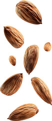 Almonds floating over white transparent background