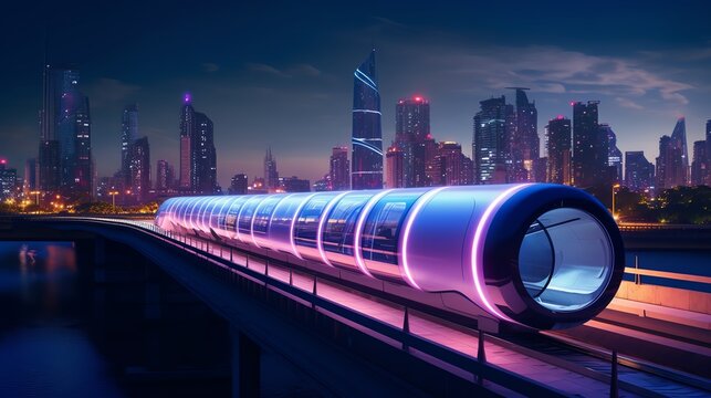 Futuristic cityscape, hyperloop in action, twilight illumination, wideangle shot