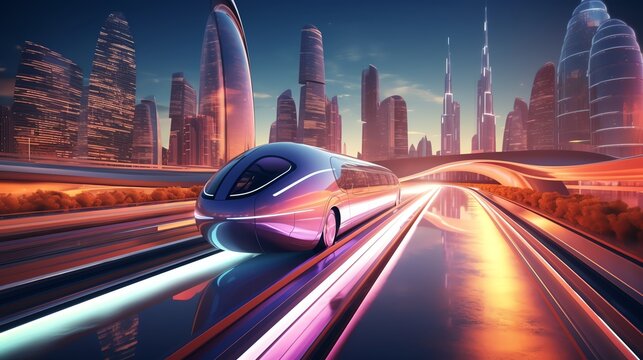 Futuristic cityscape, hyperloop in action, twilight illumination, wideangle shot