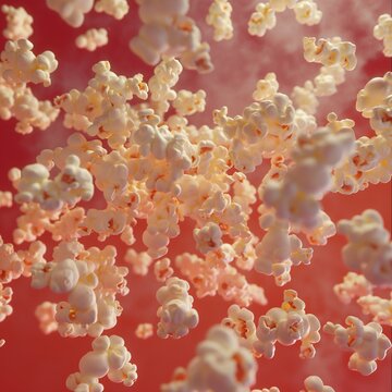 Un acercamiento a un mont&oacute;n de palomitas de maiz contra un fondo rojo