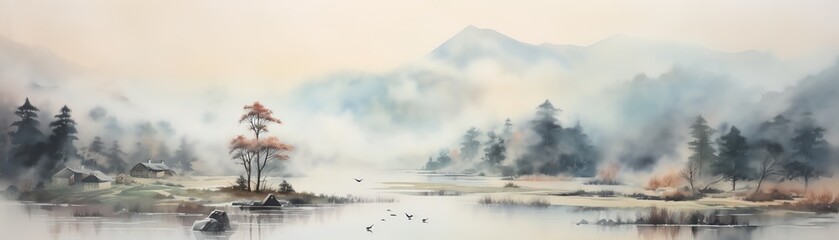 Abstract watercolor landscape, soft pastel hues, misty morning, wide shot