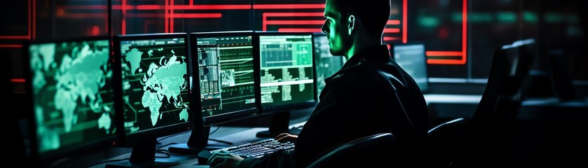 AI in simulated cyber attack training, red and green lights, tight shot