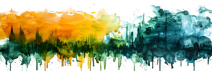 Green and yellow blended watercolor paint on transparent background.