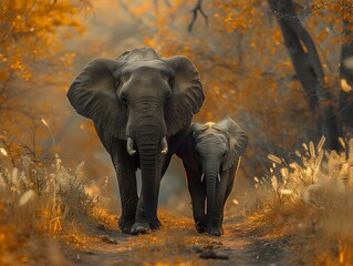 African Elephant Family in Tranquil Golden Light