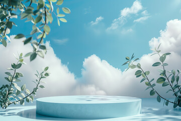 Empty blue podium with leaves and a blue sky with clouds background for product display or presentation