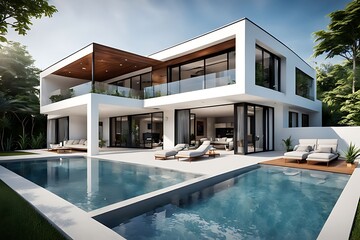 Fototapeta premium Design house modern villa with open plan living and private bedroom wing large terrace with privacy 