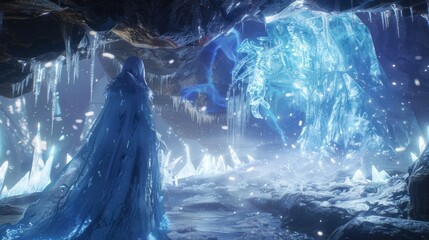 In a secret underground lair a powerful enchantress conjures a storm of ice and snow her body transforming into a magnificent ice . .