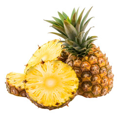  A whole, golden pineapple, freshly sliced, showcasing its vibrant yellow interior, transparent background, PNG Cutout