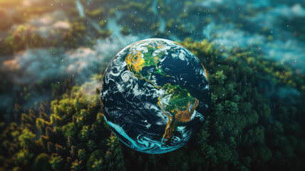 Atmospheric aerial view of the green forest with the earth Demonstrate the concept