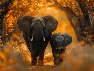 Enchanting Image of Elephants in Golden Savanna
