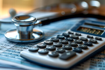 A calculator and stethoscope on top of an medical bill - Powered by Adobe
