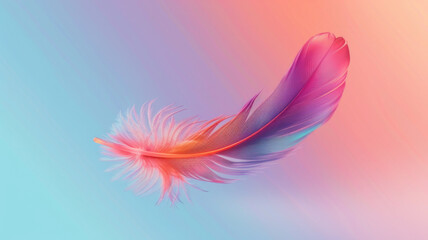Obraz premium Colored bird feather floating in air on gradient background copy space