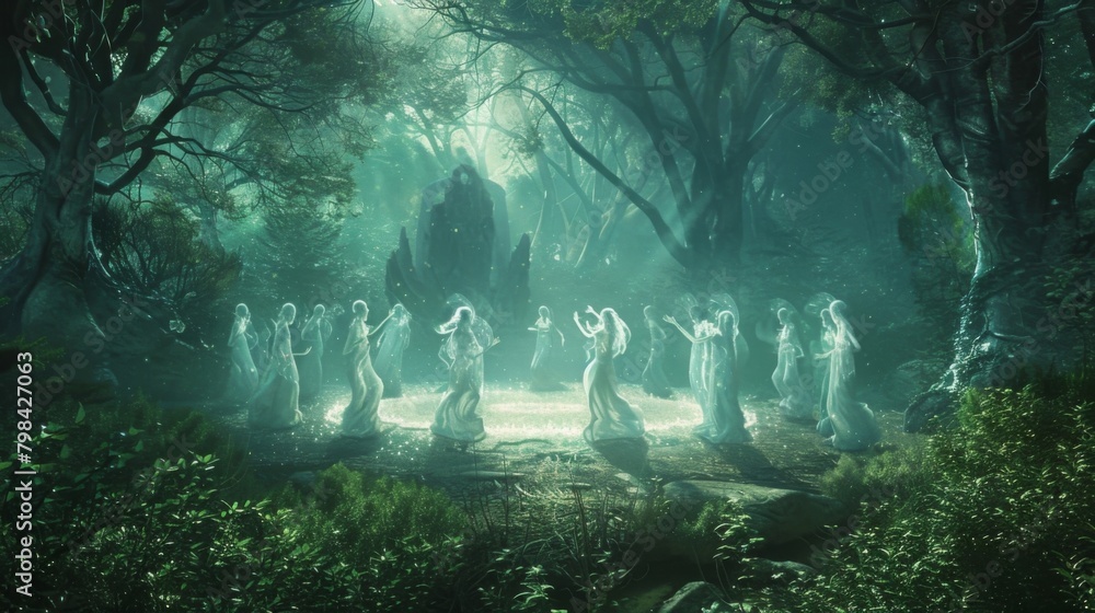 Poster deep in a magical forest a circle of dancing spirits sway to the rhythm of haunting music played by 